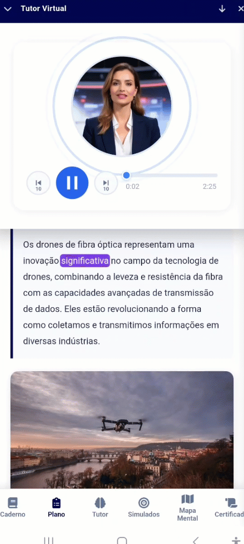 Aplicativo do aluno FLOWGENI: tutor de IA narrando a aula